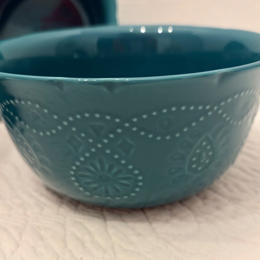 Pioneer Woman Cowgirl Lace Set of 3 Teal Floral Embossed Stoneware Bowls 6" - Picture 2 of 6